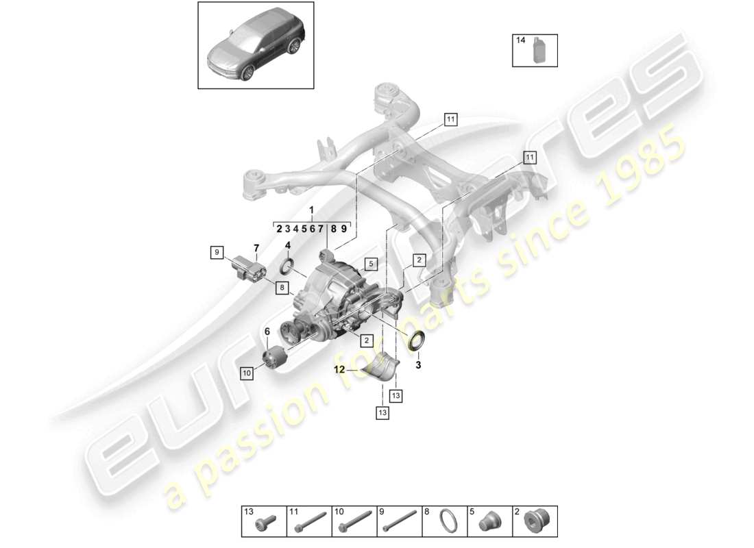 porsche 2022 (cayenne e3 9ya/9yb) differenziale dell'asse posteriore per modelli con bloccaggio del differenziale schema delle parti