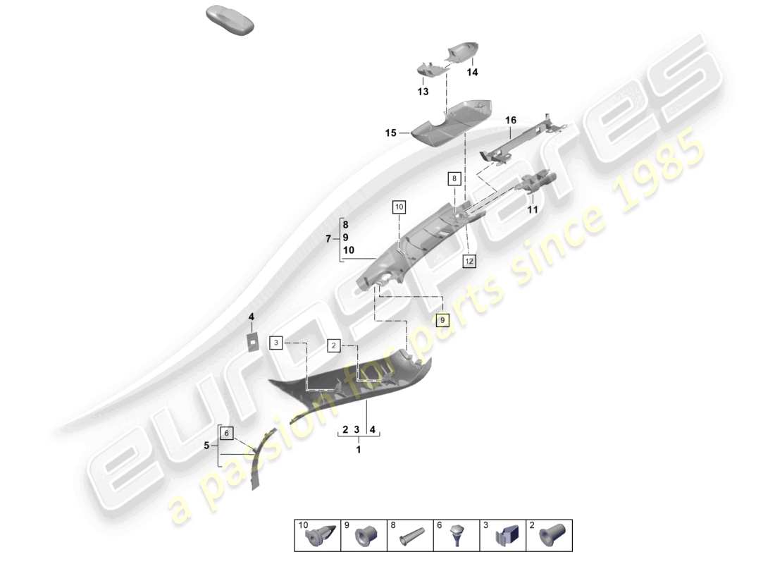 porsche 2023 (718 boxster spyder) schema delle parti del telaio del parabrezza del montante a