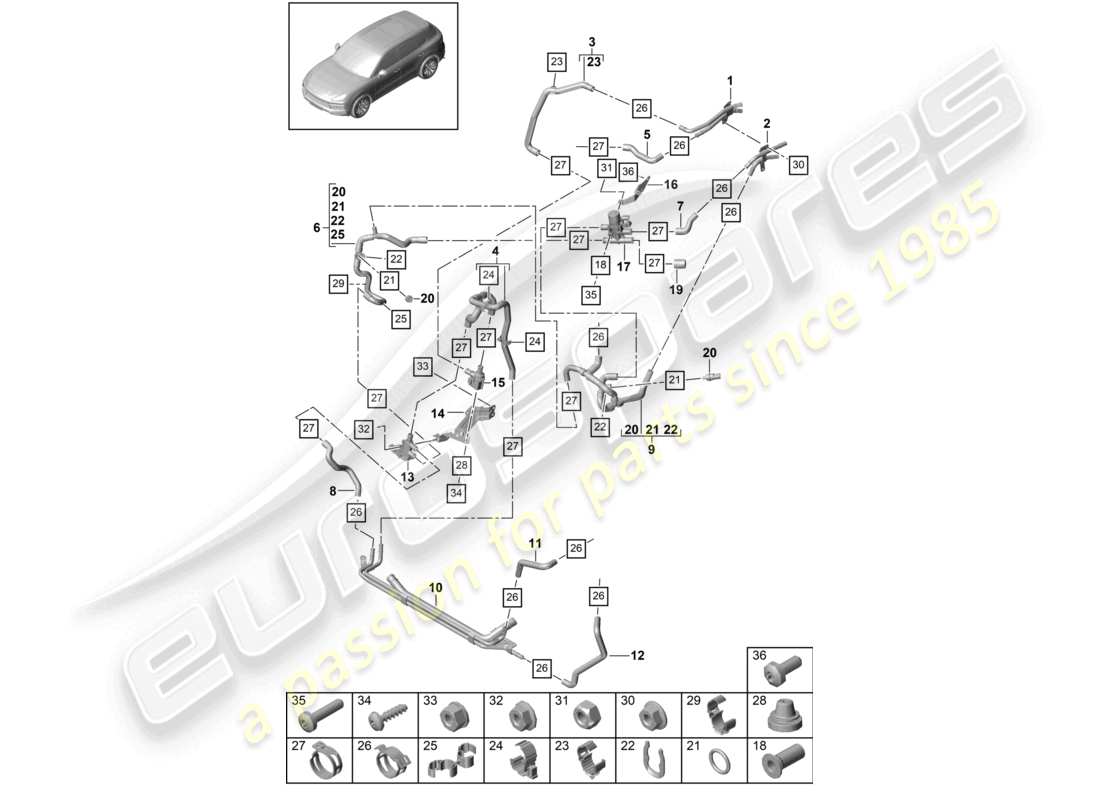 porsche 2023 (cayenne e3 9ya/9yb) riscaldatore r4 circuito ad alta temperatura anteriore per veicoli con trazione ibrida schema dei componenti