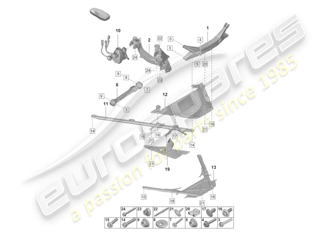 porsche 2022 (992-1 gt3/rs/st) schema delle parti della traversa dell'assale posteriore