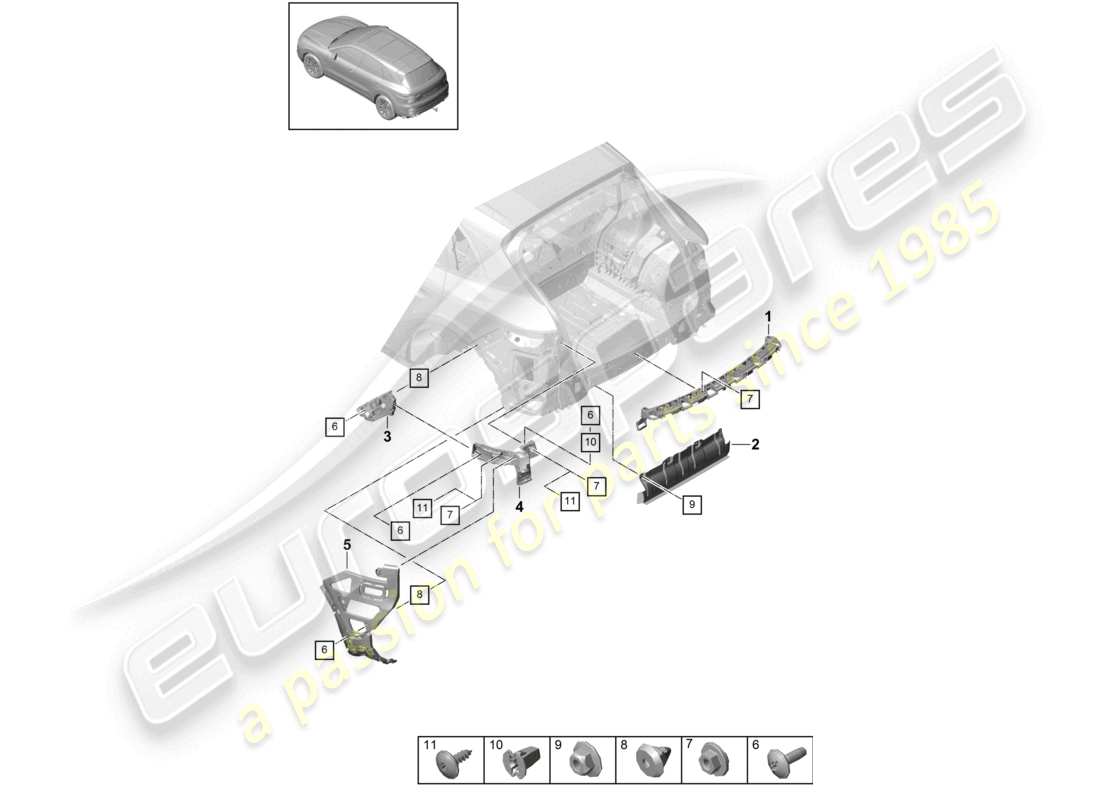 porsche 2022 (cayenne e3 9ya/9yb) schema base delle parti di fissaggio del paraurti posteriore