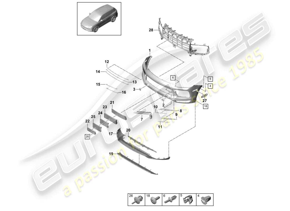 porsche 2022 (cayenne e3 9ya/9yb) paraurti anteriore diagramma delle parti