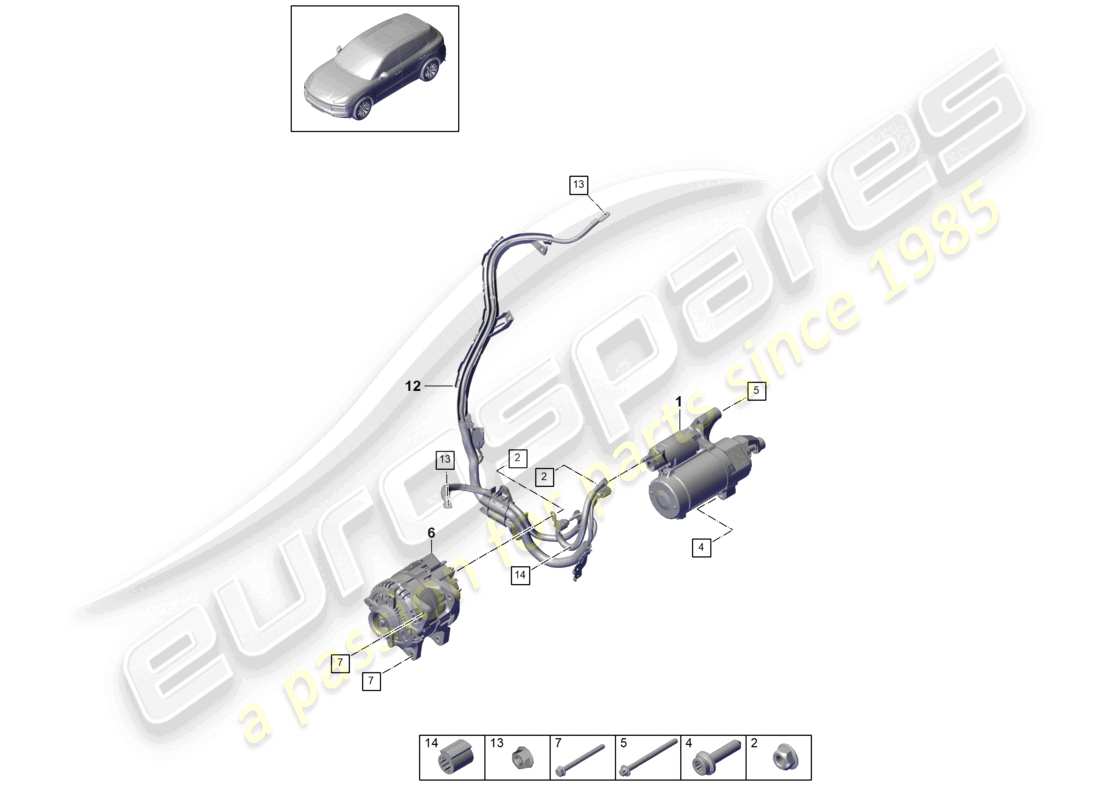 porsche 2022 (cayenne e3 9ya/9yb) diagramma delle parti dell'alternatore di avviamento