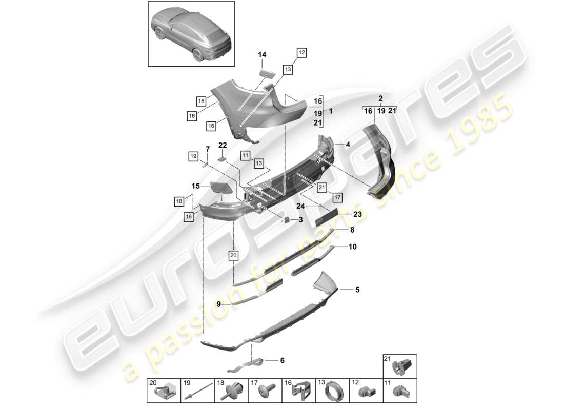 porsche 2022 (cayenne e3 9ya/9yb) diagramma delle parti del paraurti posteriore coupé