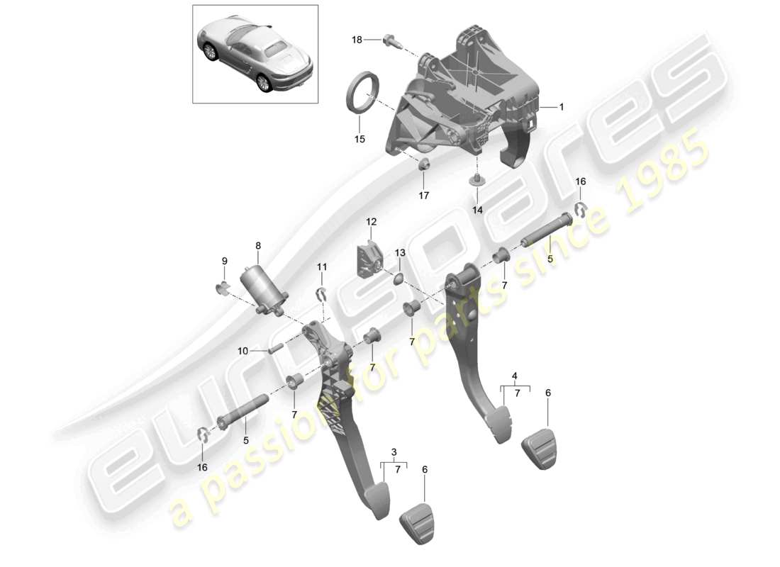 porsche 2022 (718 boxster) schema dei componenti del gruppo pedali freno e frizione