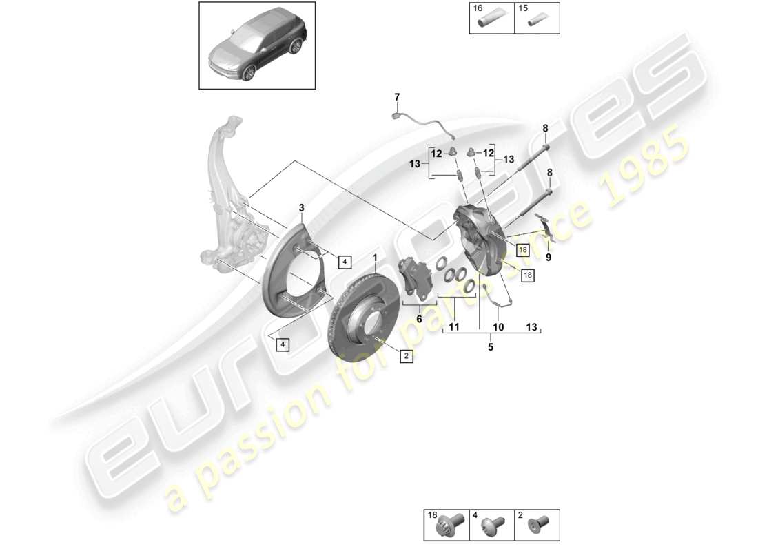 porsche 2022 (cayenne e3 9ya/9yb) freno a disco 18 assale anteriore nero/verde schema delle parti