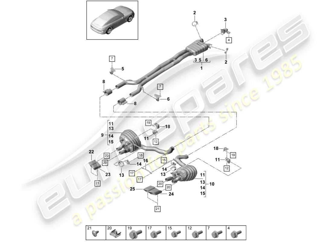 porsche 2021 (panamera 971-1) sistema di scarico silenziatore anteriore silenziatore posteriore terminale di scarico diagramma delle parti