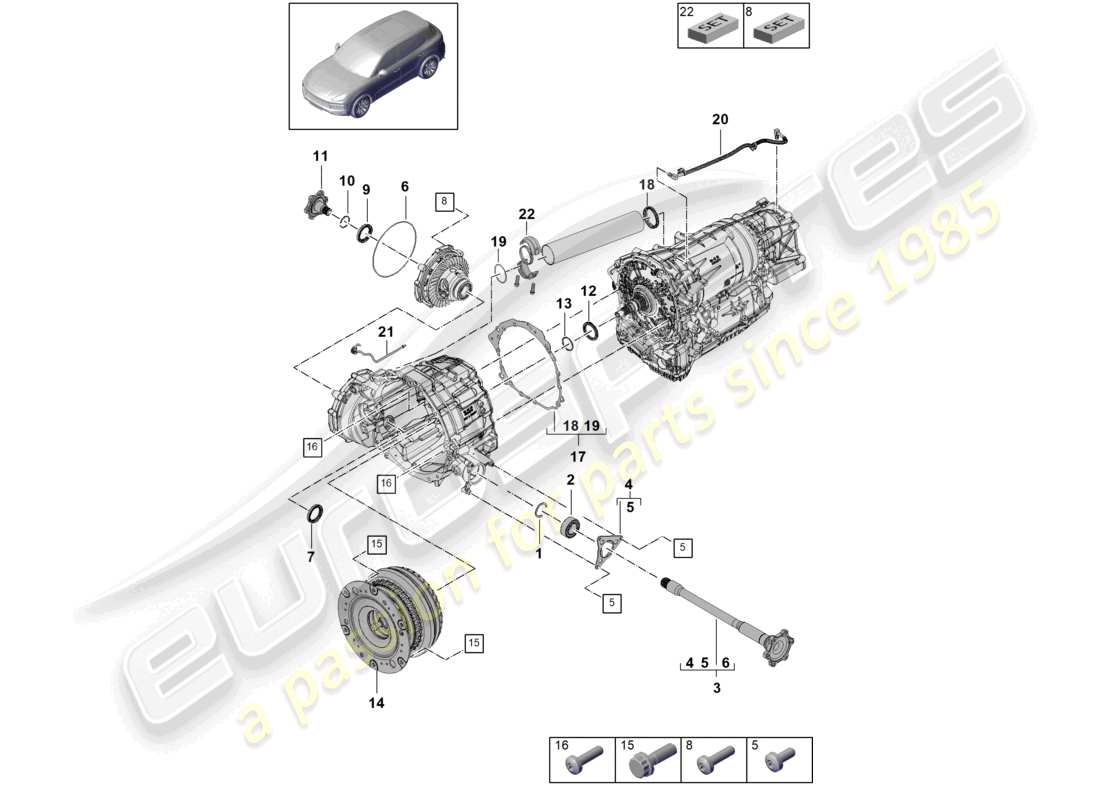 porsche 2022 (cayenne e3 9ya/9yb) 8-speed cambio automatico per trazione integrale albero flangiato convertitore schema delle parti