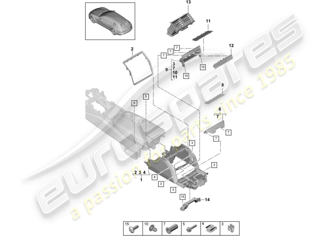 porsche 2021 (panamera 971-1) schema delle parti posteriori della consolle centrale