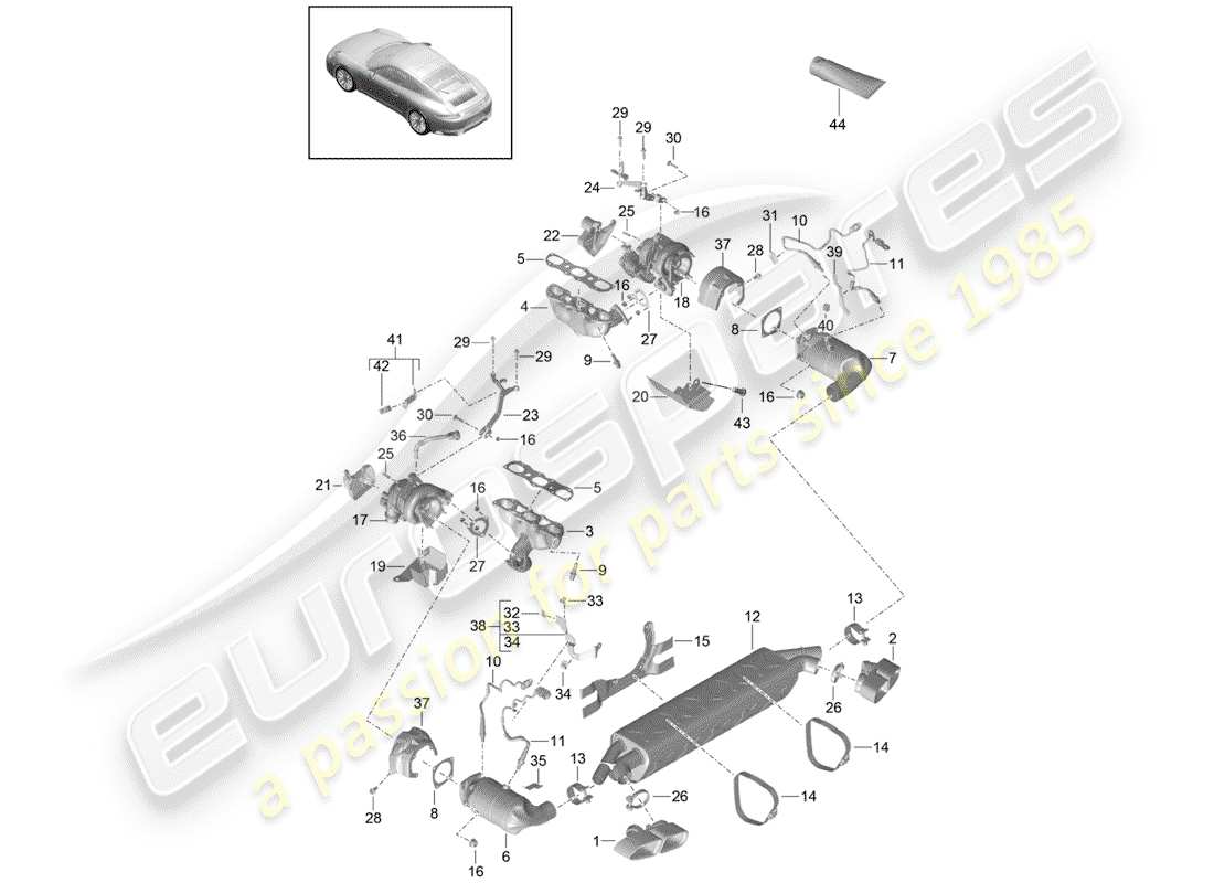 porsche 991 turbo (2018) diagramma delle parti del sistema di scarico