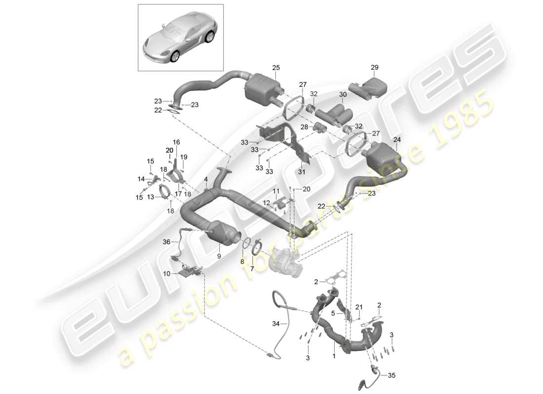 porsche 2021 (718 cayman) sistema di scarico silenziatore convertitore catalitico schema delle parti