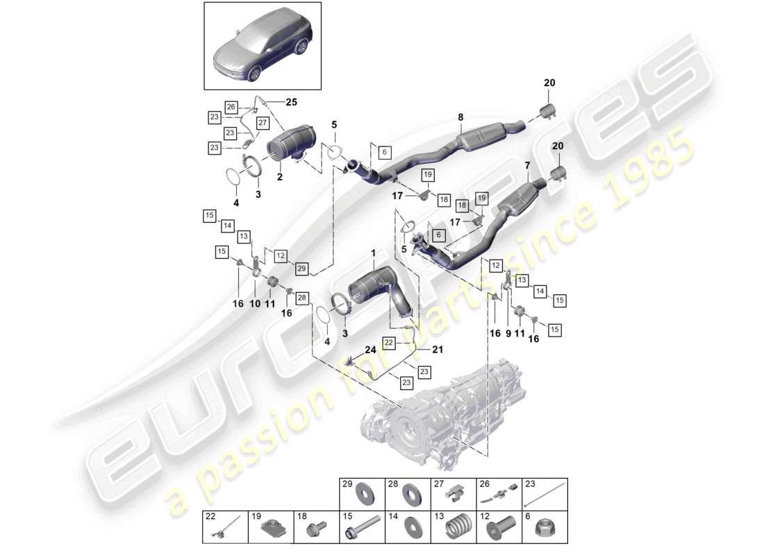 porsche 2022 (cayenne e3 9ya/9yb) sistema di scarico convertitore catalitico filtro antiparticolato per benzina sonda lambda schema dei componenti