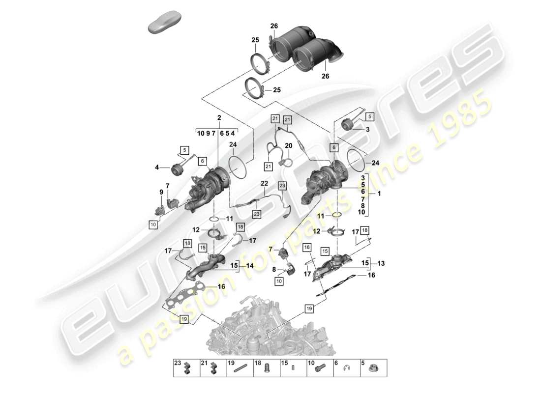 porsche 2024 (panamera 971-2) turbocompressore a gas di scarico collettori di scarico sonda lambda schema delle parti