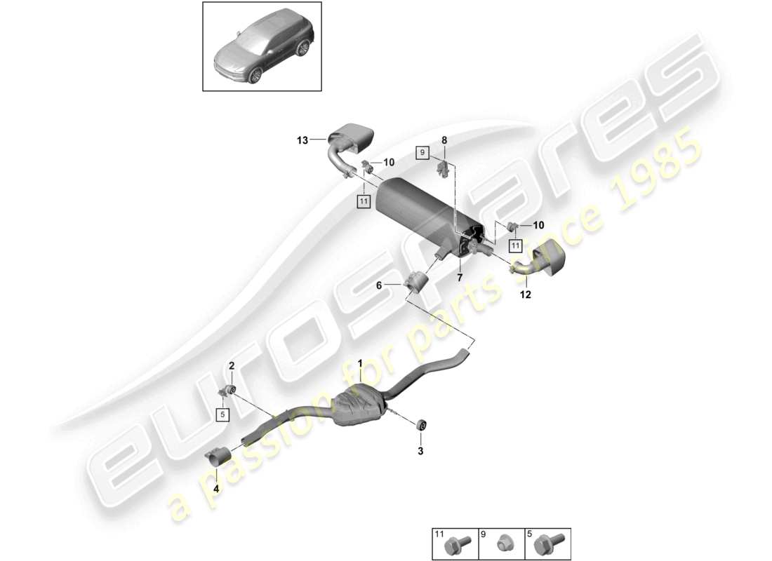 porsche 2022 (cayenne e3 9ya/9yb) sistema di scarico silenziatore anteriore silenziatore posteriore terminale di scarico diagramma delle parti