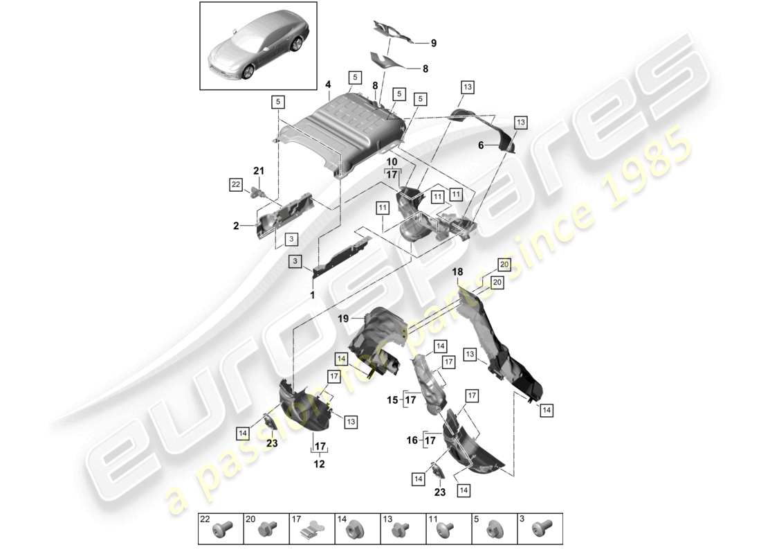 porsche 2021 (panamera 971-1) sistema di scarico isolamento termico canale di guida dell'aria per veicoli con filtro antiparticolato per benzina schema dei componenti