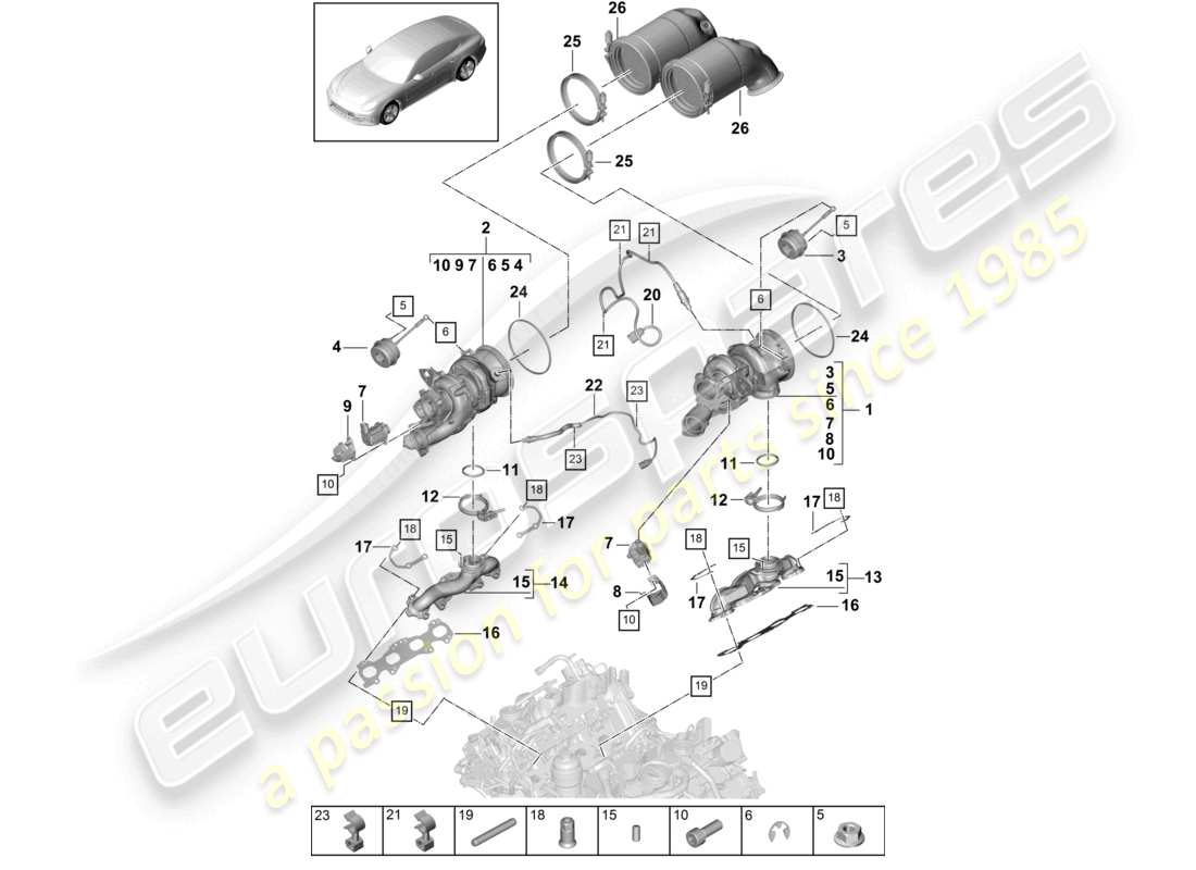 porsche 2021 (panamera 971-1) turbocompressore a gas di scarico collettori di scarico sonda lambda schema delle parti