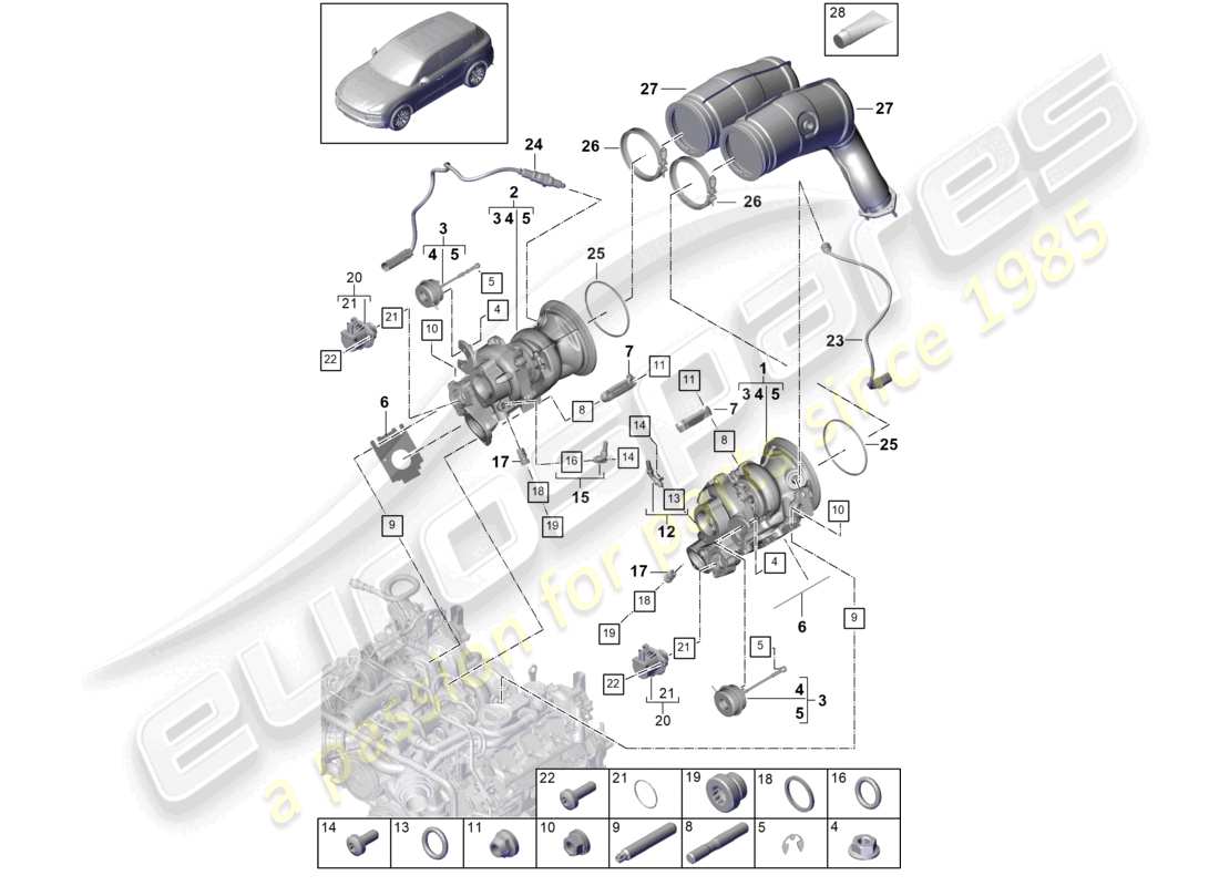 porsche 2024 (cayenne e3 9ya/9yb) turbocompressore a gas di scarico collettori di scarico sonda lambda schema delle parti