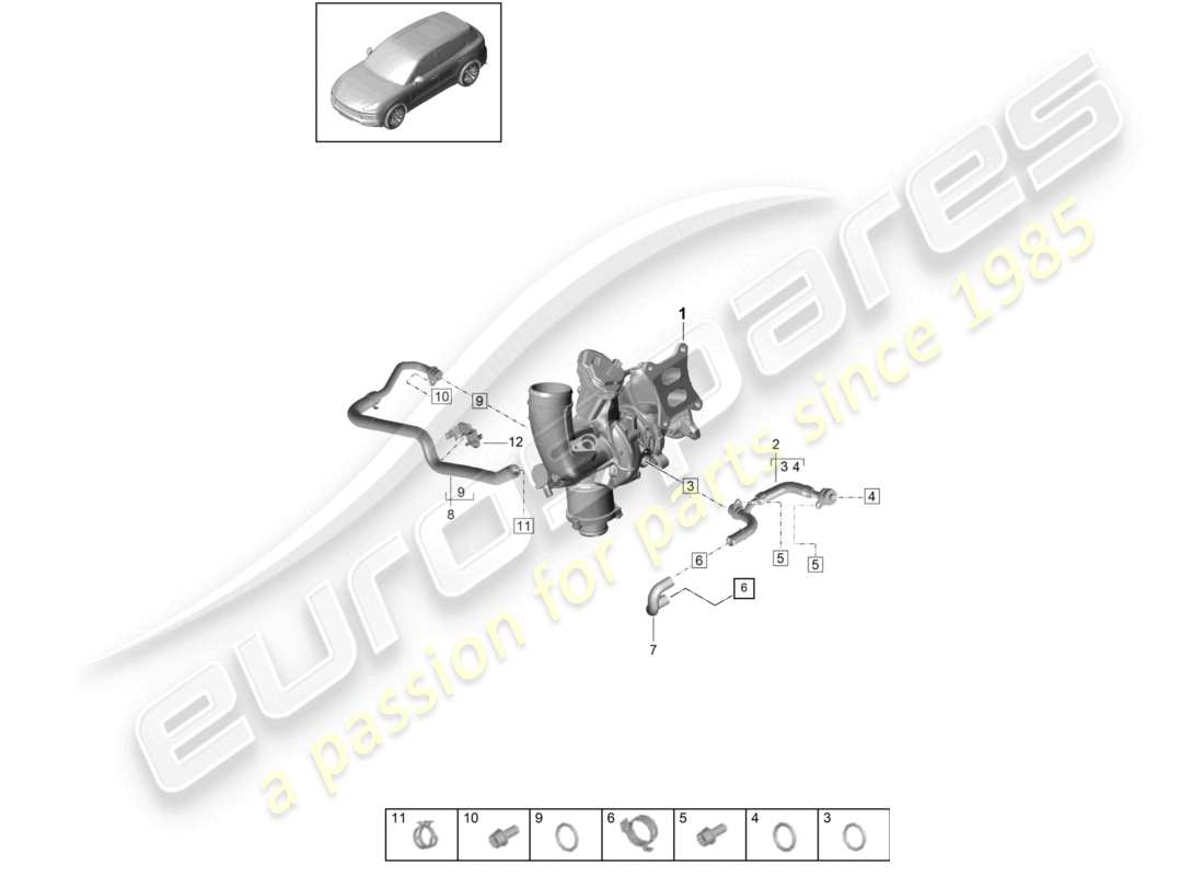 porsche 2024 (cayenne e3 9ya/9yb) schema delle parti del sistema di raffreddamento del liquido di raffreddamento per turbocompressore