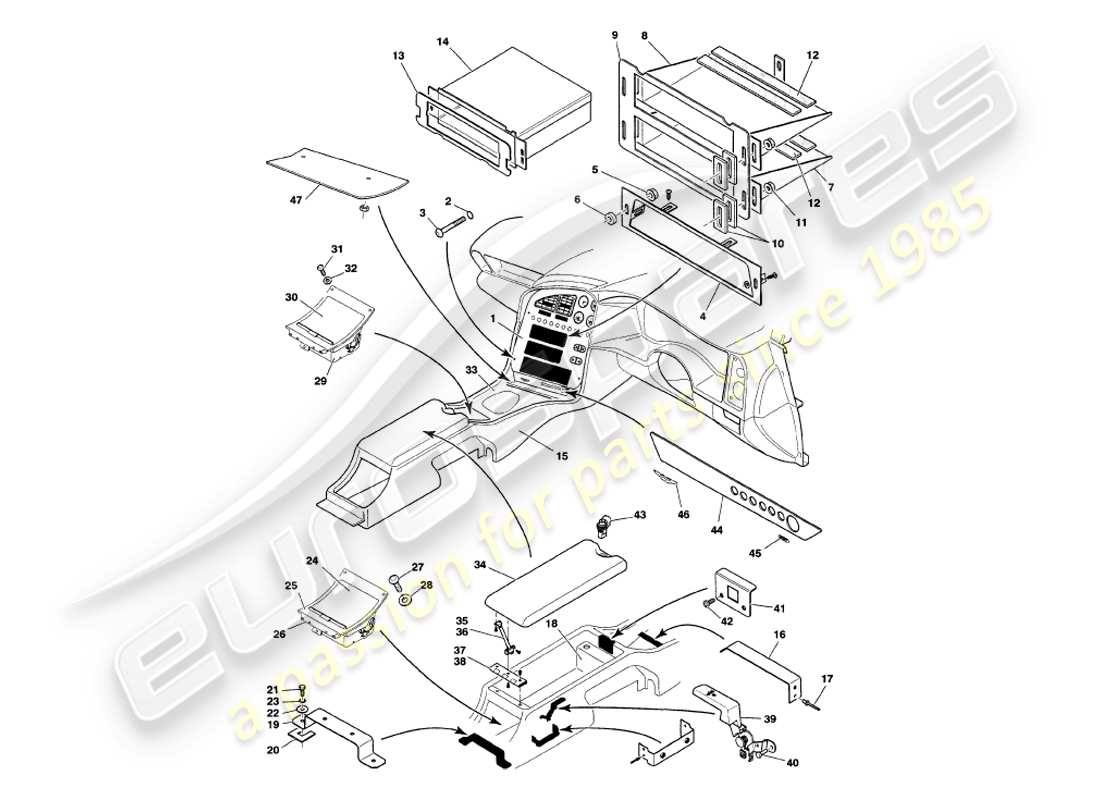 aston martin v8 volante (1998) console centrale e diagramma delle parti di rivestimento