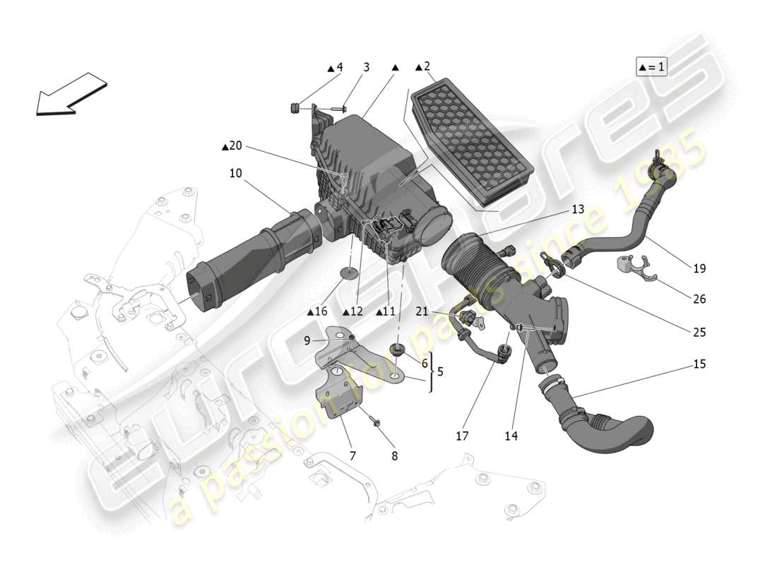 maserati grecale gt (2023) diagramma delle parti del filtro dell'aria, della presa d'aria e dei condotti