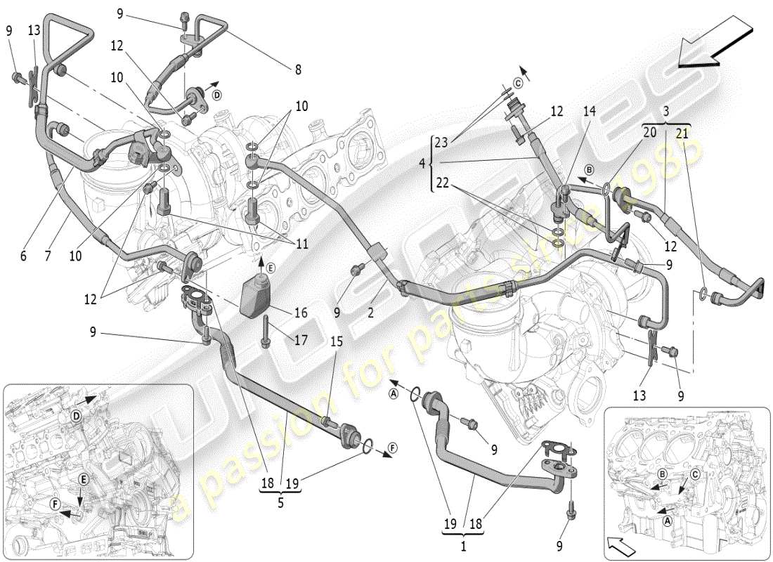 maserati mc20 (2024) sistema di turbocompressione: lubrificazione e raffreddamento diagramma delle parti