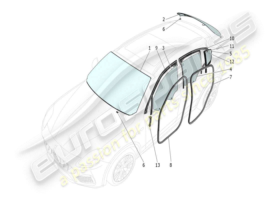 maserati grecale modena (2023) diagramma delle parti di finestre e strisce di finestre