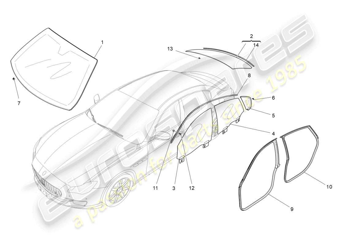 maserati quattroporte (2018) diagramma delle parti di finestre e strisce di finestre