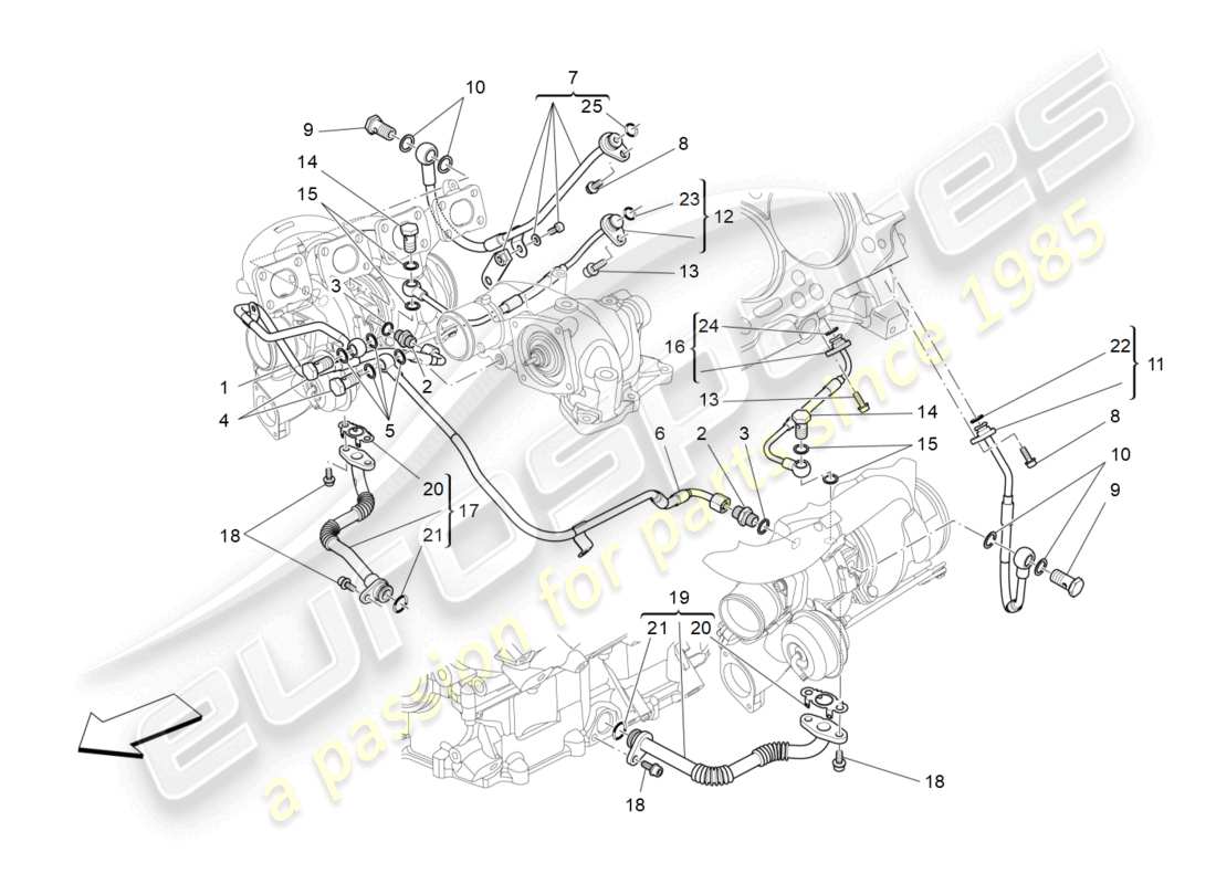 maserati levante modena s (2022) sistema turbocompressore: lubrificazione e raffreddamento schema delle parti