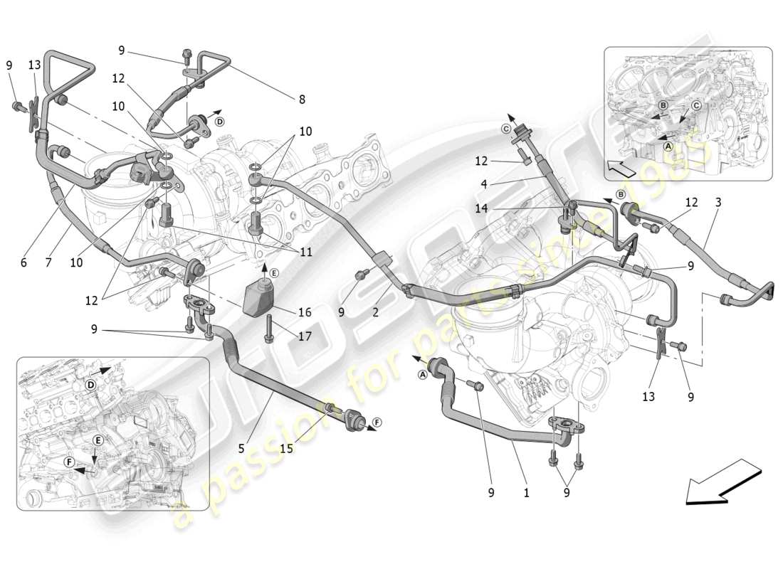maserati mc20 (2023) sistema turbocompressore: lubrificazione e raffreddamento schema delle parti