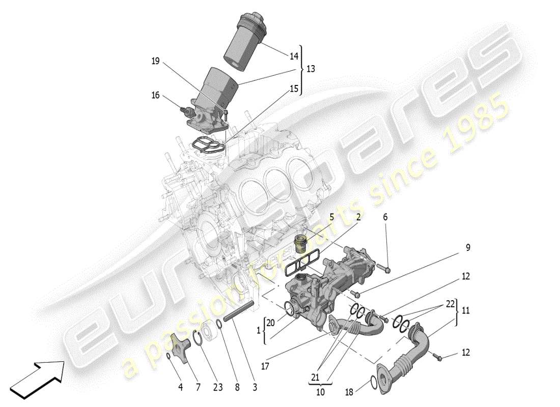 maserati mc20 (2024) sistema di lubrificazione: diagramma delle parti di pompa e filtro