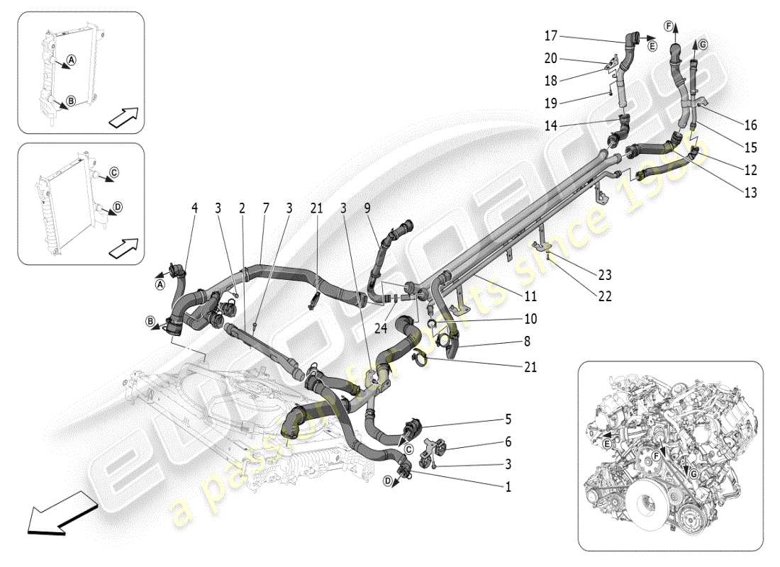 maserati mc20 (2024) sistema di raffreddamento: alimentazione e linee diagramma delle parti