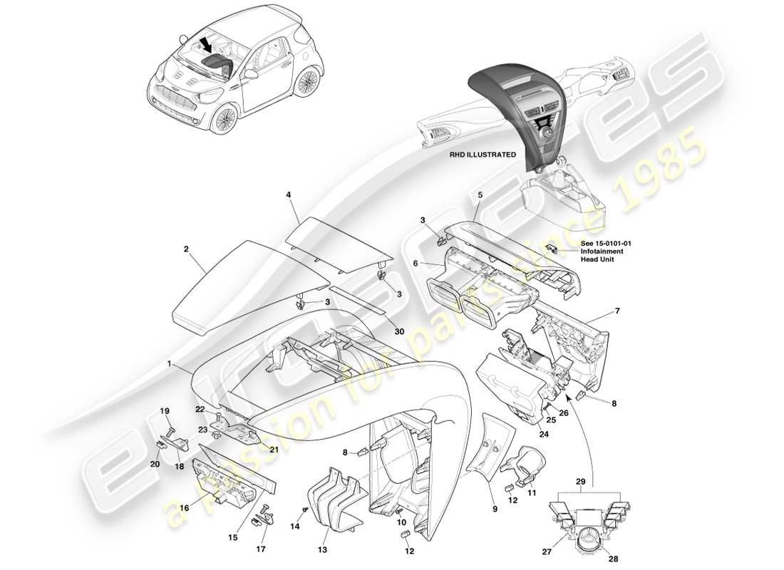 aston martin cygnet (2012) pila centrale diagramma delle parti