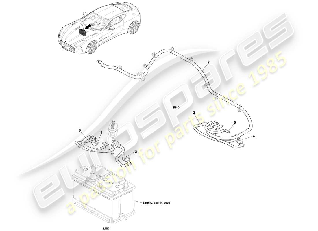 aston martin one-77 (2011) cavi batteria, cabina diagramma delle parti