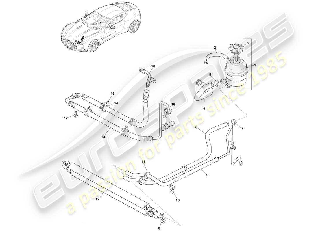 aston martin one-77 (2011) schema delle parti di radiatore, tubi flessibili e serbatoio, guida a sinistra