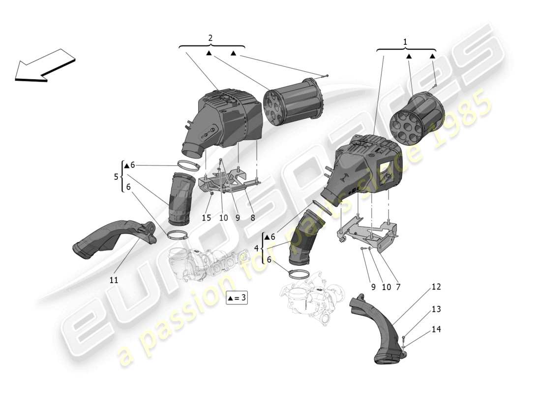 maserati mc20 cielo (2023) diagramma delle parti del filtro dell'aria, della presa d'aria e dei condotti
