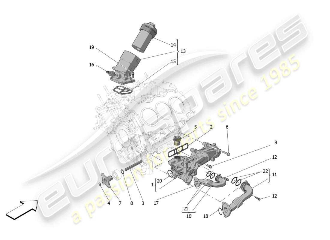 maserati mc20 (2023) sistema di lubrificazione: diagramma delle parti di pompa e filtro
