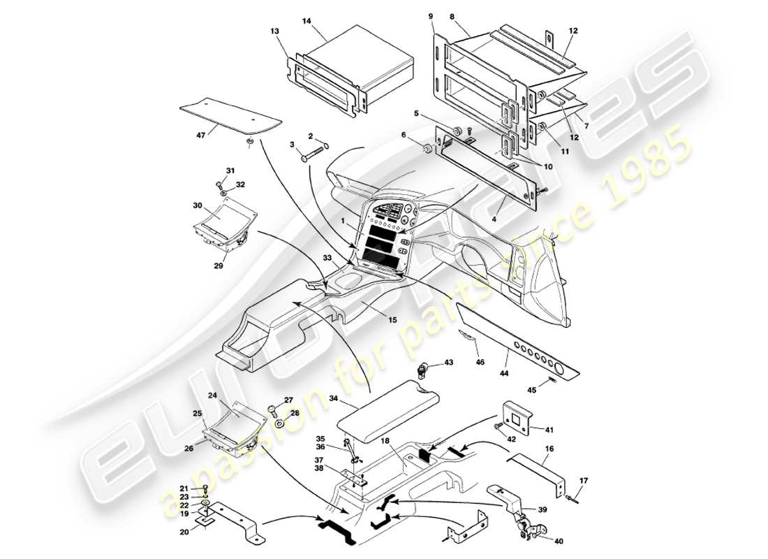 aston martin v8 volante (2000) console centrale e diagramma delle parti di rivestimento