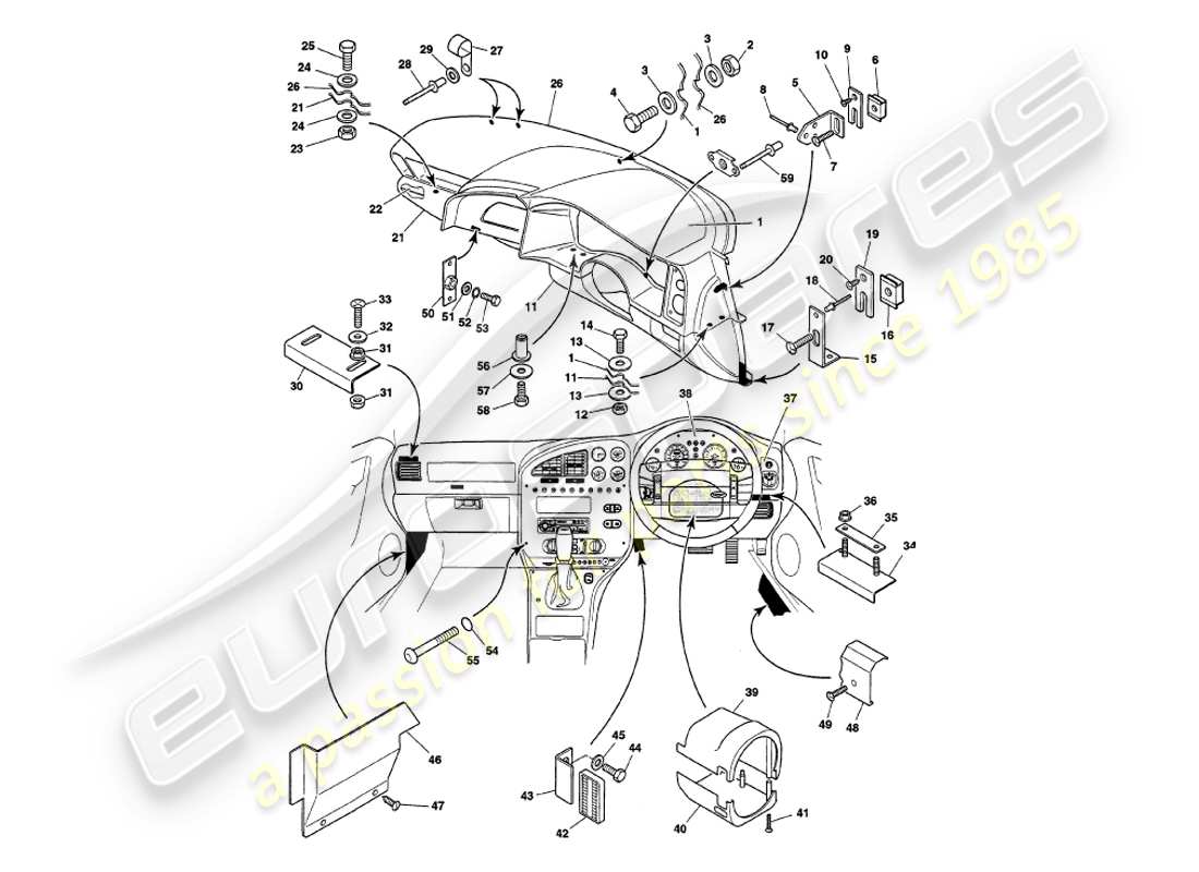 aston martin v8 volante (1997) diagramma delle parti di fascia e rivestimento