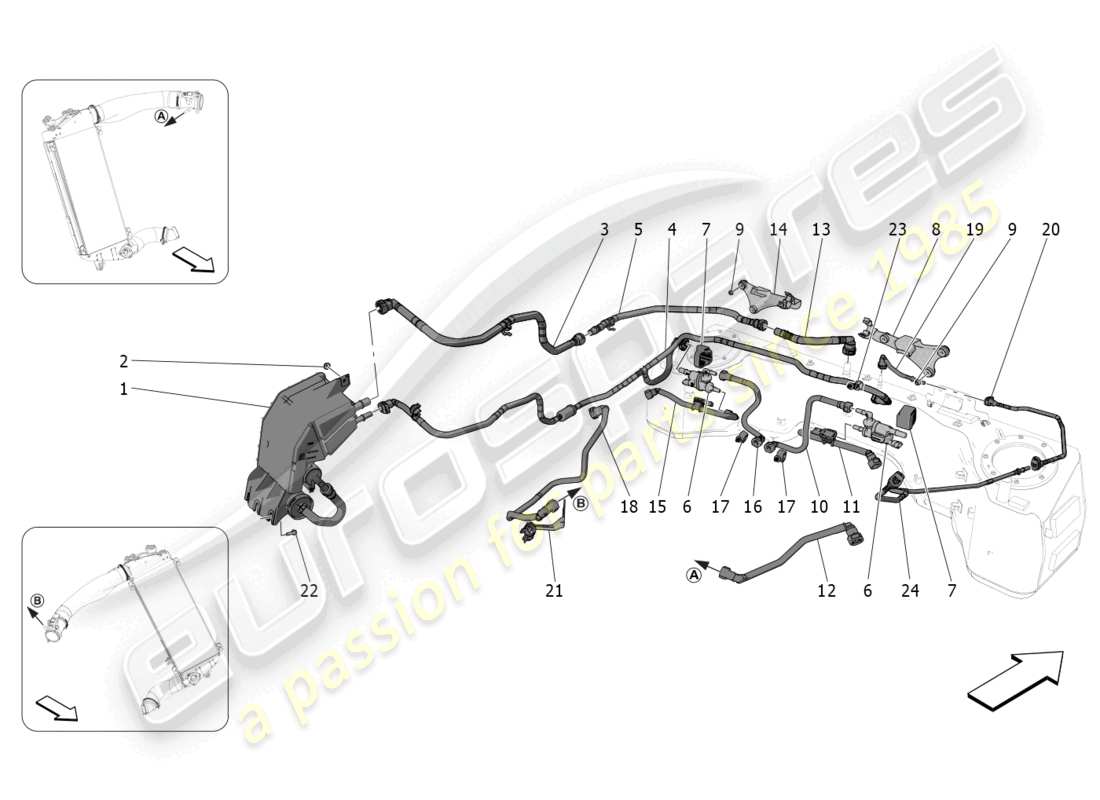 maserati mc20 cielo (2023) diagramma delle parti del sistema di ricircolo dei vapori di carburante