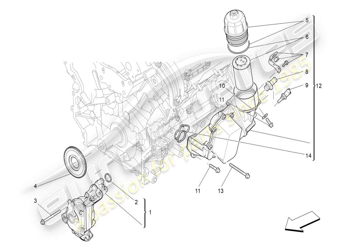 maserati ghibli (2019) sistema di lubrificazione: diagramma delle parti di pompa e filtro