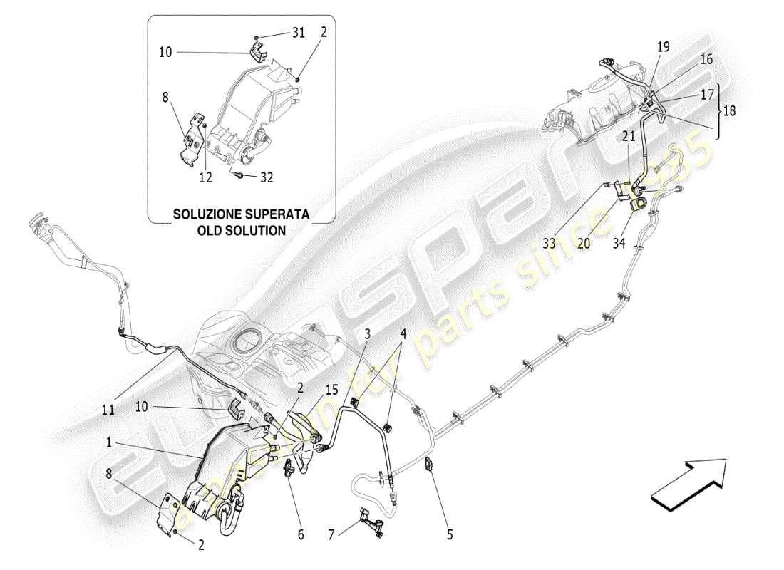 maserati ghibli (2019) diagramma delle parti del sistema di ricircolo dei vapori di carburante