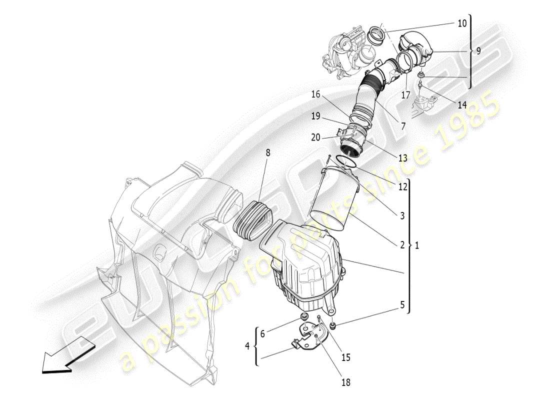 maserati ghibli (2019) diagramma delle parti del filtro dell'aria, della presa d'aria e dei condotti