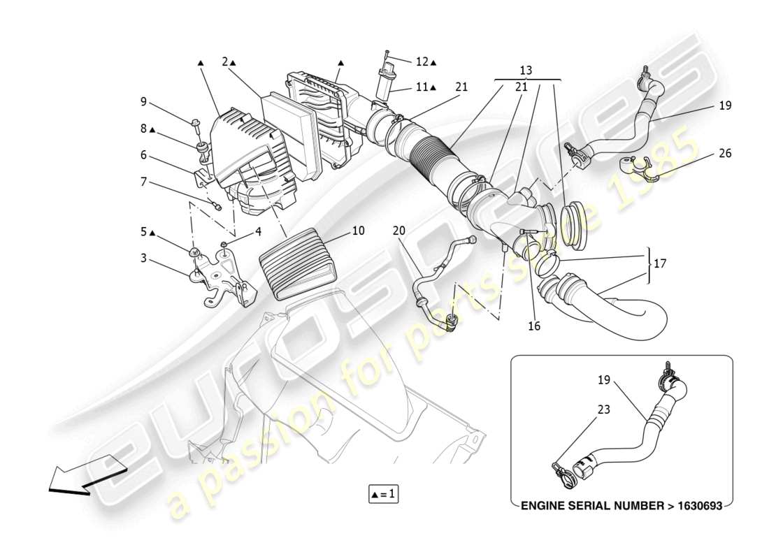 maserati ghibli fragment (2022) diagramma delle parti del filtro dell'aria, della presa d'aria e dei condotti