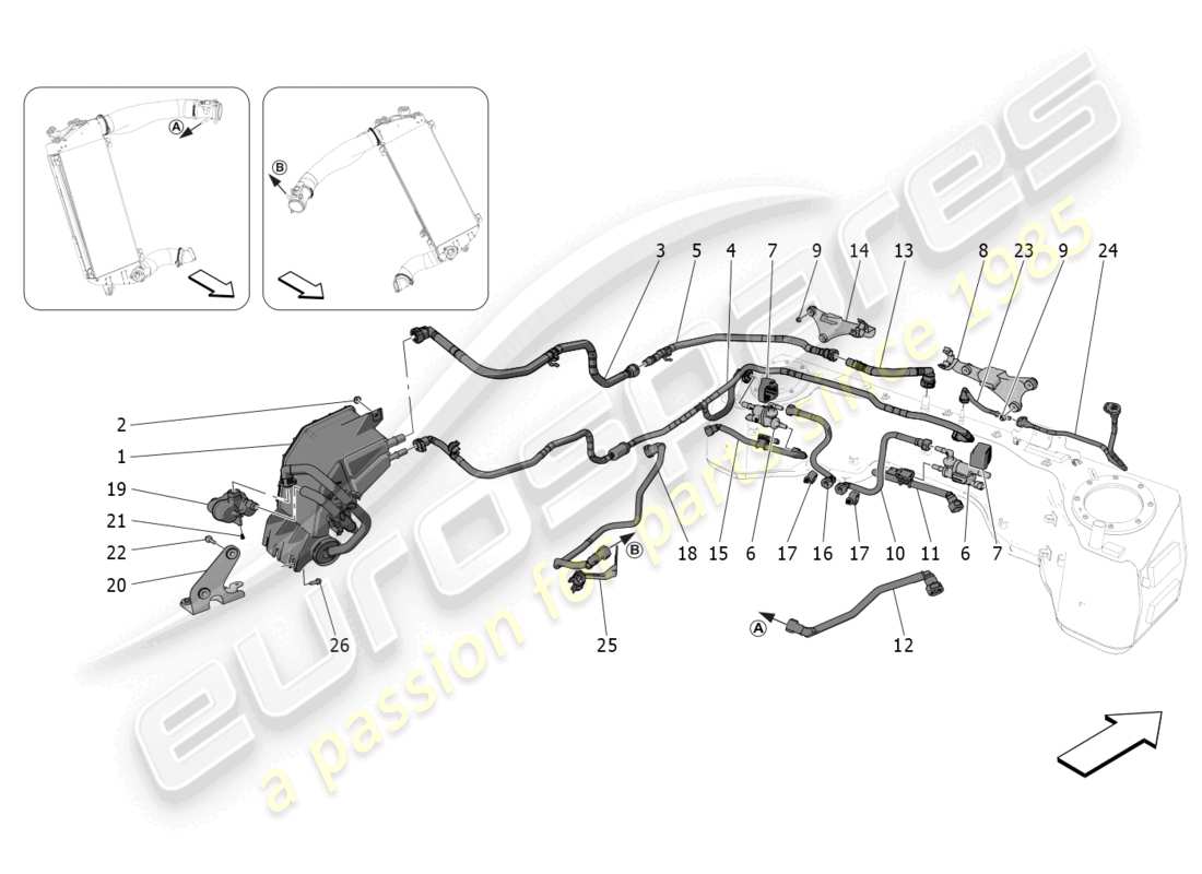 maserati mc20 (2022) diagramma delle parti del sistema di ricircolo dei vapori di carburante