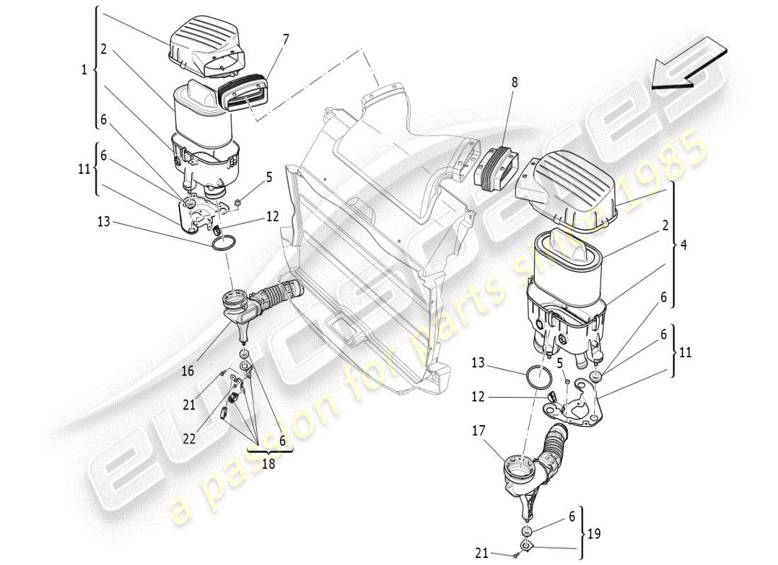 maserati ghibli (2019) diagramma delle parti del filtro dell'aria, della presa d'aria e dei condotti