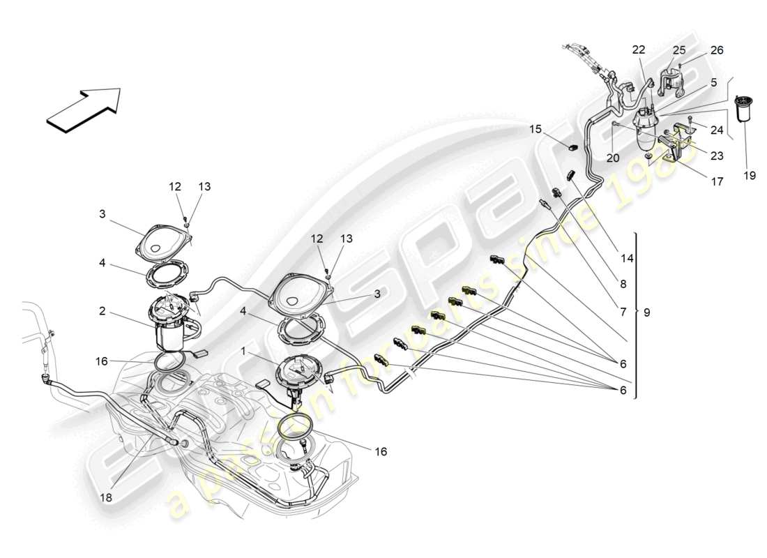 maserati levante (2018) pompe del carburante e linee di collegamento diagramma delle parti