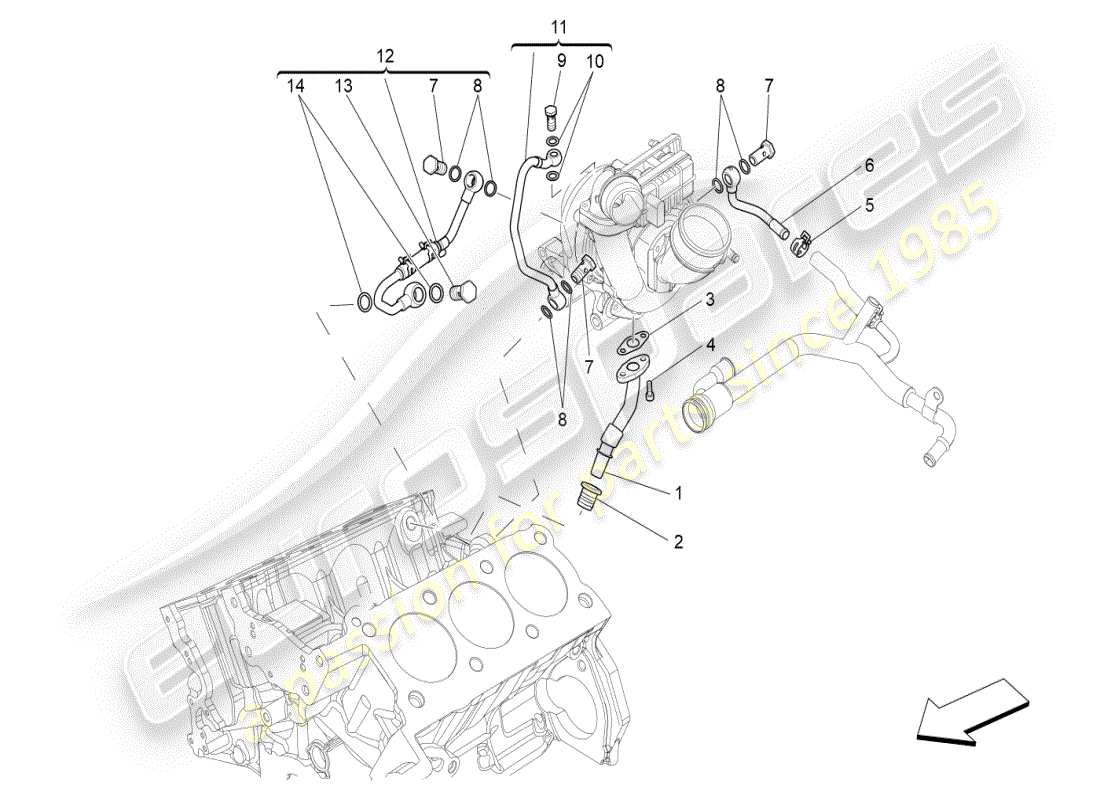 maserati ghibli (2019) sistema turbocompressore: lubrificazione e raffreddamento schema delle parti