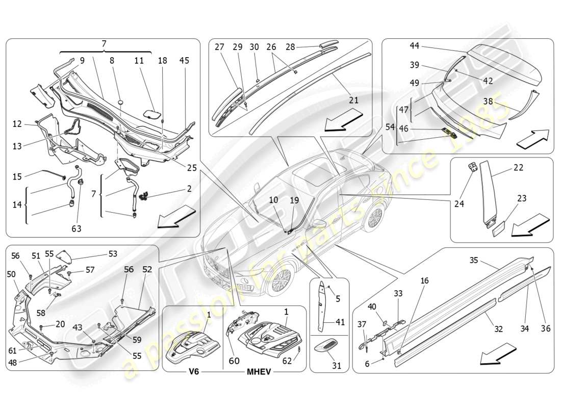 maserati levante zenga (2020) schema delle parti di scudi, finiture e pannelli di copertura