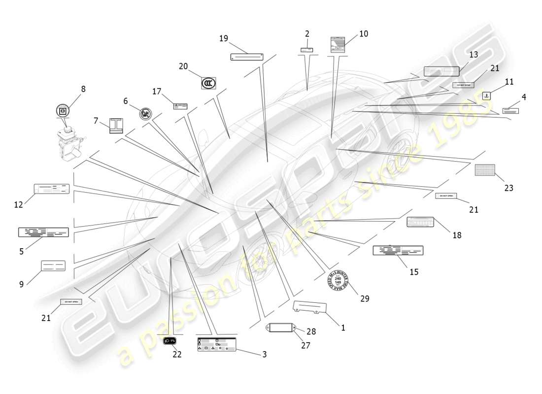 maserati mc20 cielo (2023) diagramma delle parti di adesivi ed etichette