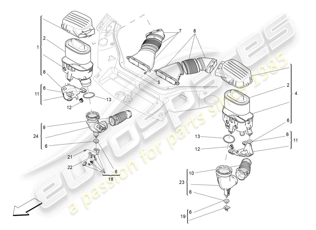 maserati levante zenga (2020) diagramma delle parti del filtro dell'aria, della presa d'aria e dei condotti